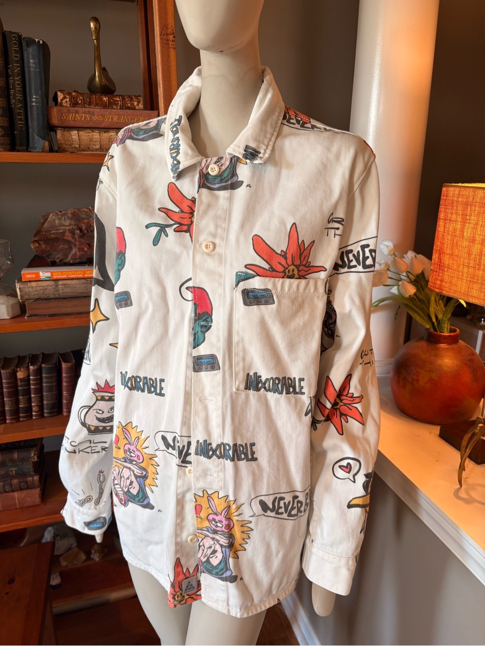 Zara White Graphic Print Men's Shirt Jacket - Casual Artful Design